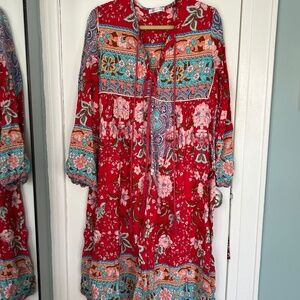 R.Vivimos Women's Long Sleeve Floral Print V Neck Bohemian Dress Large (RED)